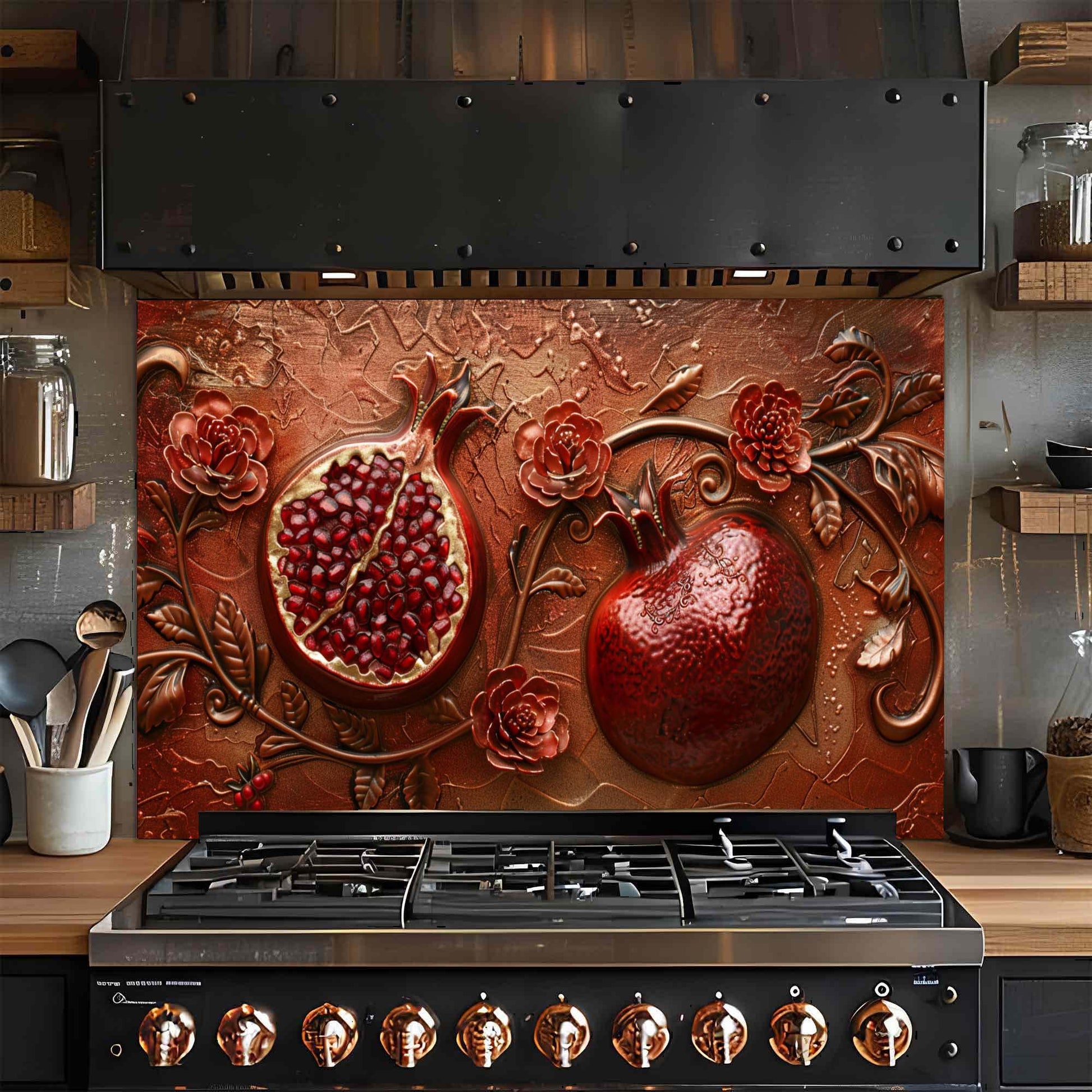 Decorative backsplash with pomegranates and flowers above a stove in a kitchen.
