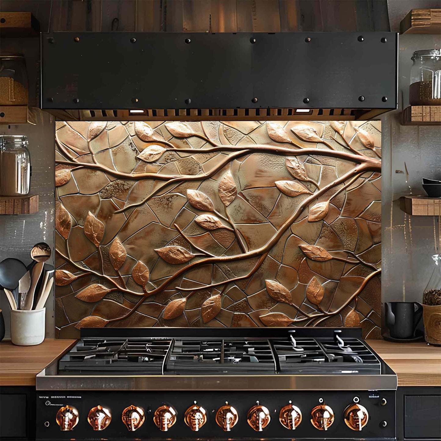 Stainless steel gas stove with decorative leaf-patterned glass backsplash in a kitchen setting.