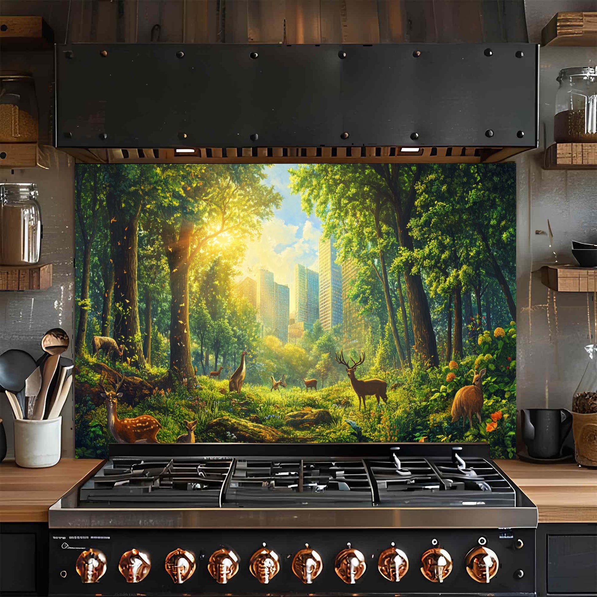 Stove with a forest mural on the glass backsplash in a kitchen setting