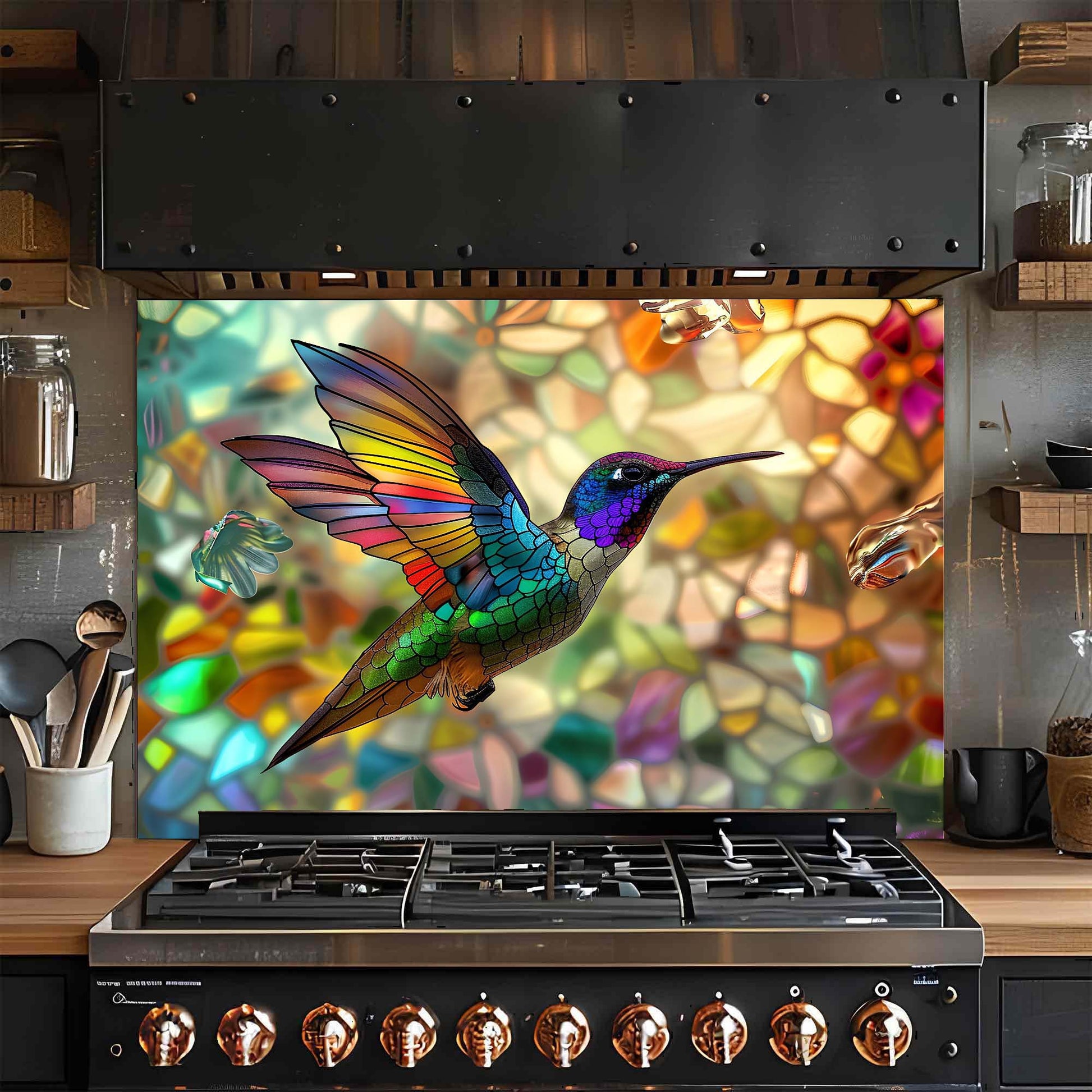 Stainless steel gas stove with colorful hummingbird artwork on a glass backsplash in a kitchen.