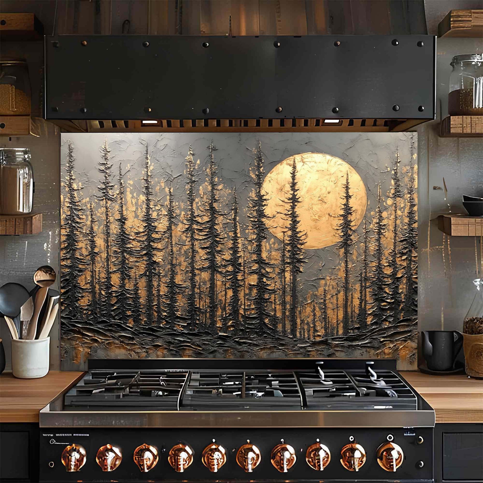 Stainless steel stove with forest and moon design glass backsplash in a kitchen setting