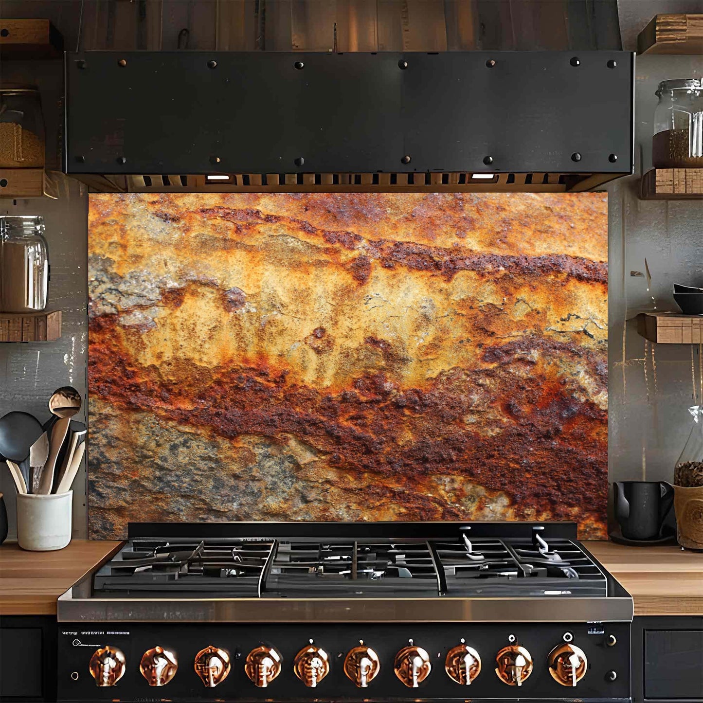 Stainless steel gas stove with copper knobs against a rustic glass backsplash in a kitchen.