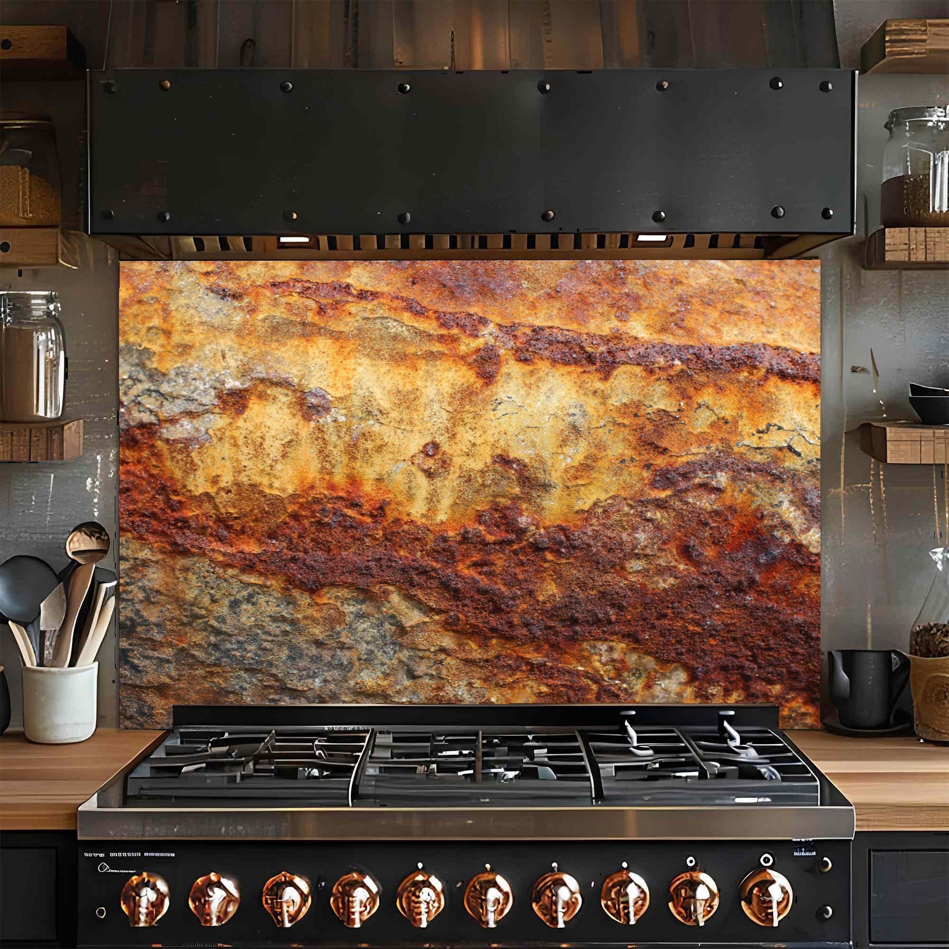Stainless steel gas stove with copper knobs against a rustic glass backsplash in a kitchen.