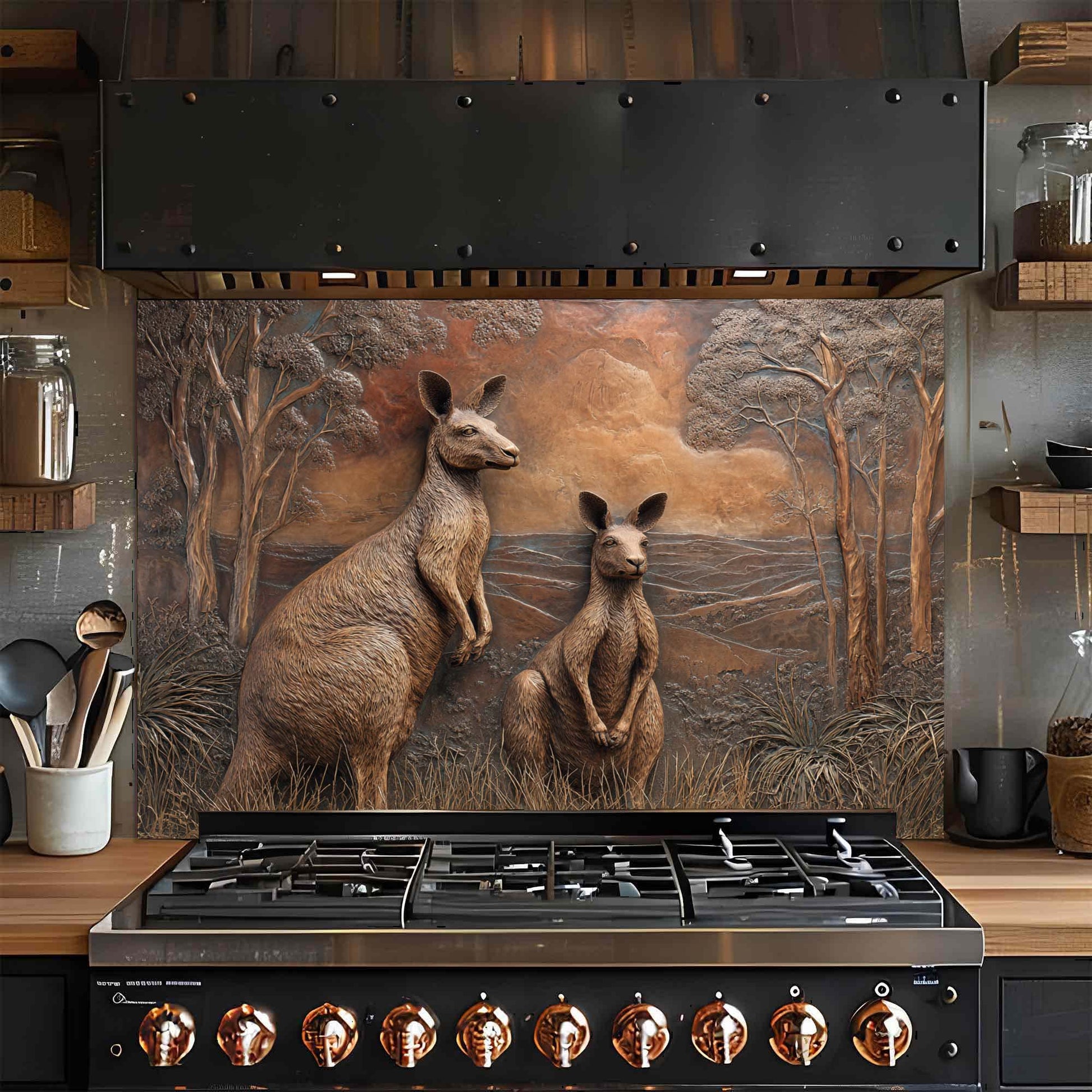 Stainless steel stove with a decorative glass backsplash featuring kangaroos in a natural setting.