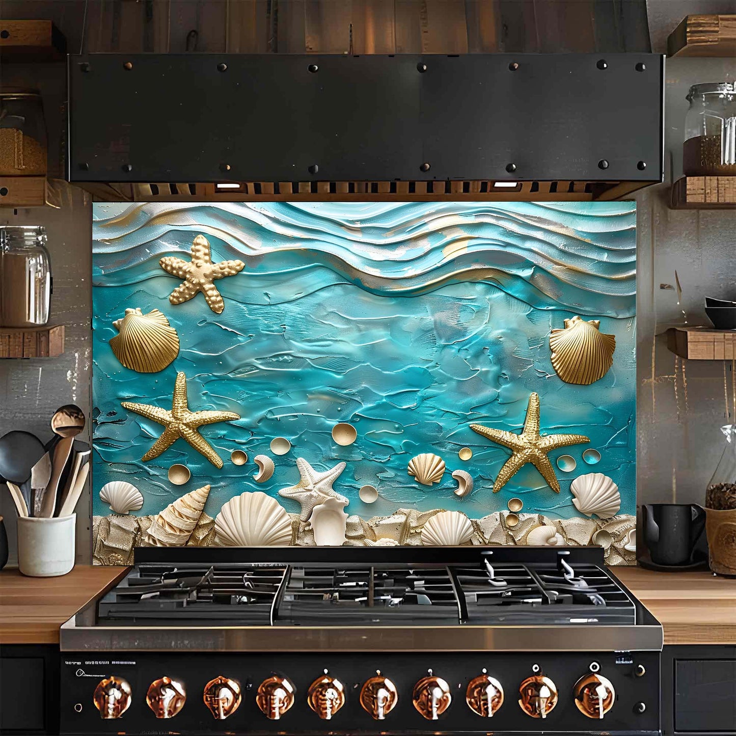 Stainless steel gas stove with decorative glass backsplash featuring starfish and shells.