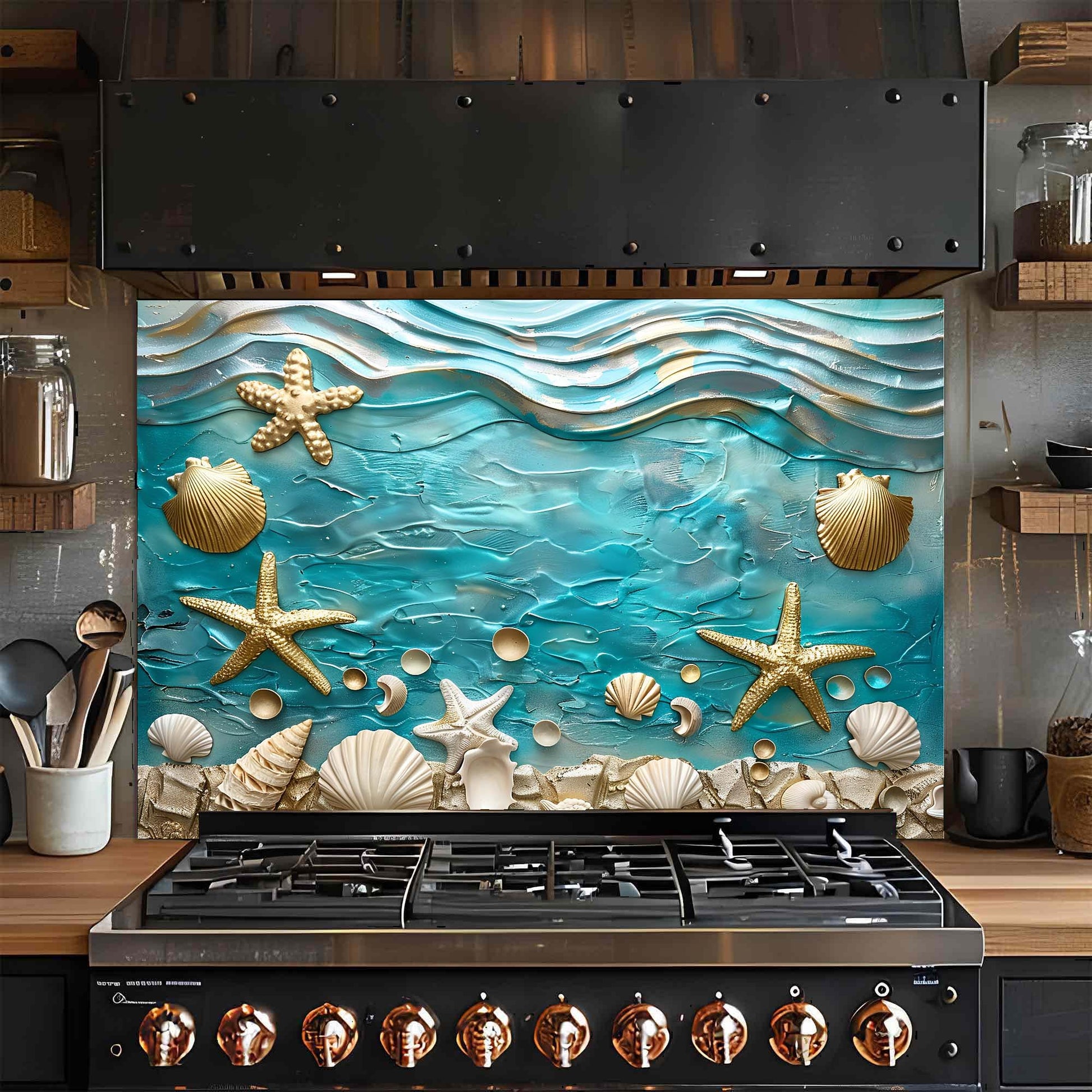 Stainless steel gas stove with decorative glass backsplash featuring starfish and shells.