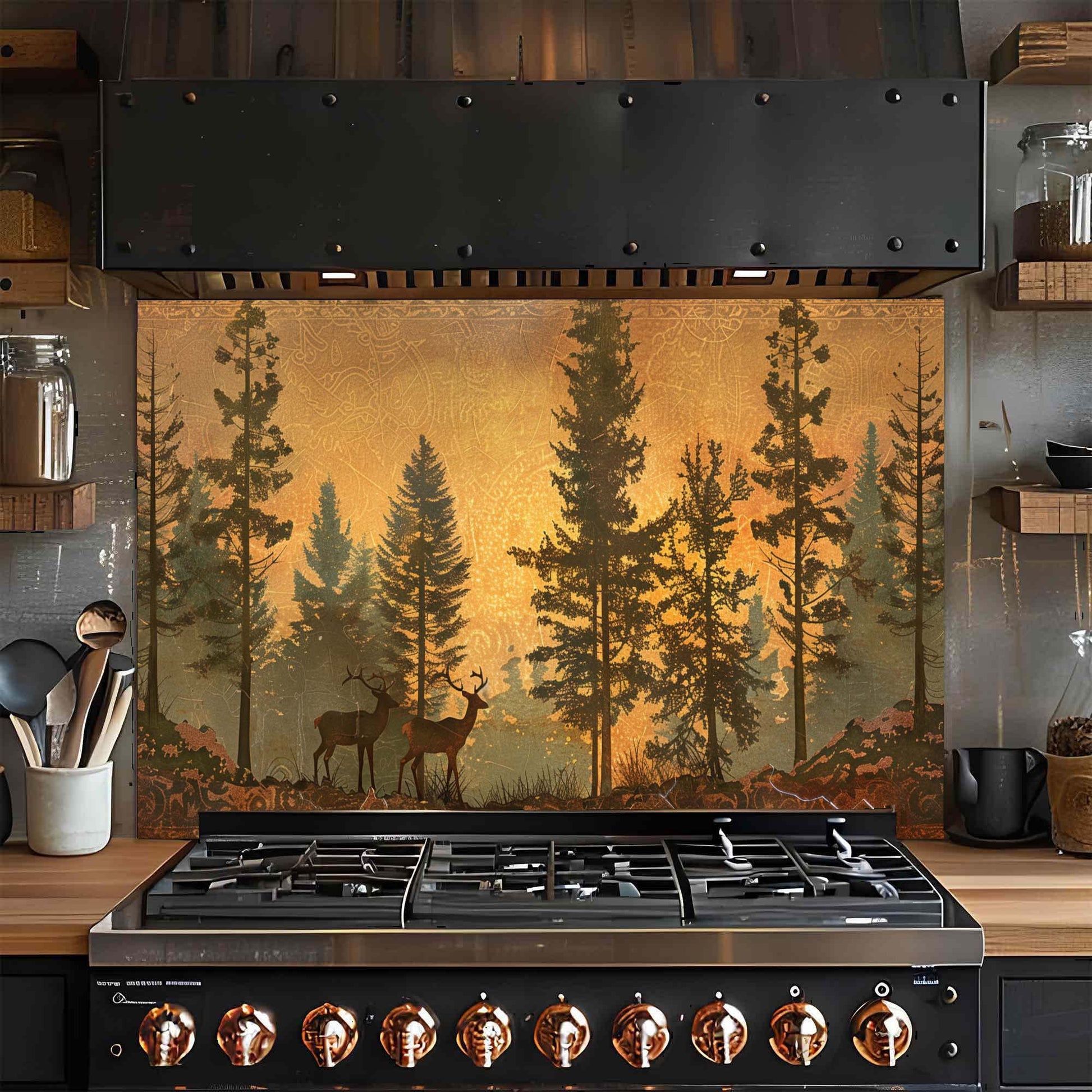 Stainless steel gas stove with decorative forest glass backsplash in a kitchen setting