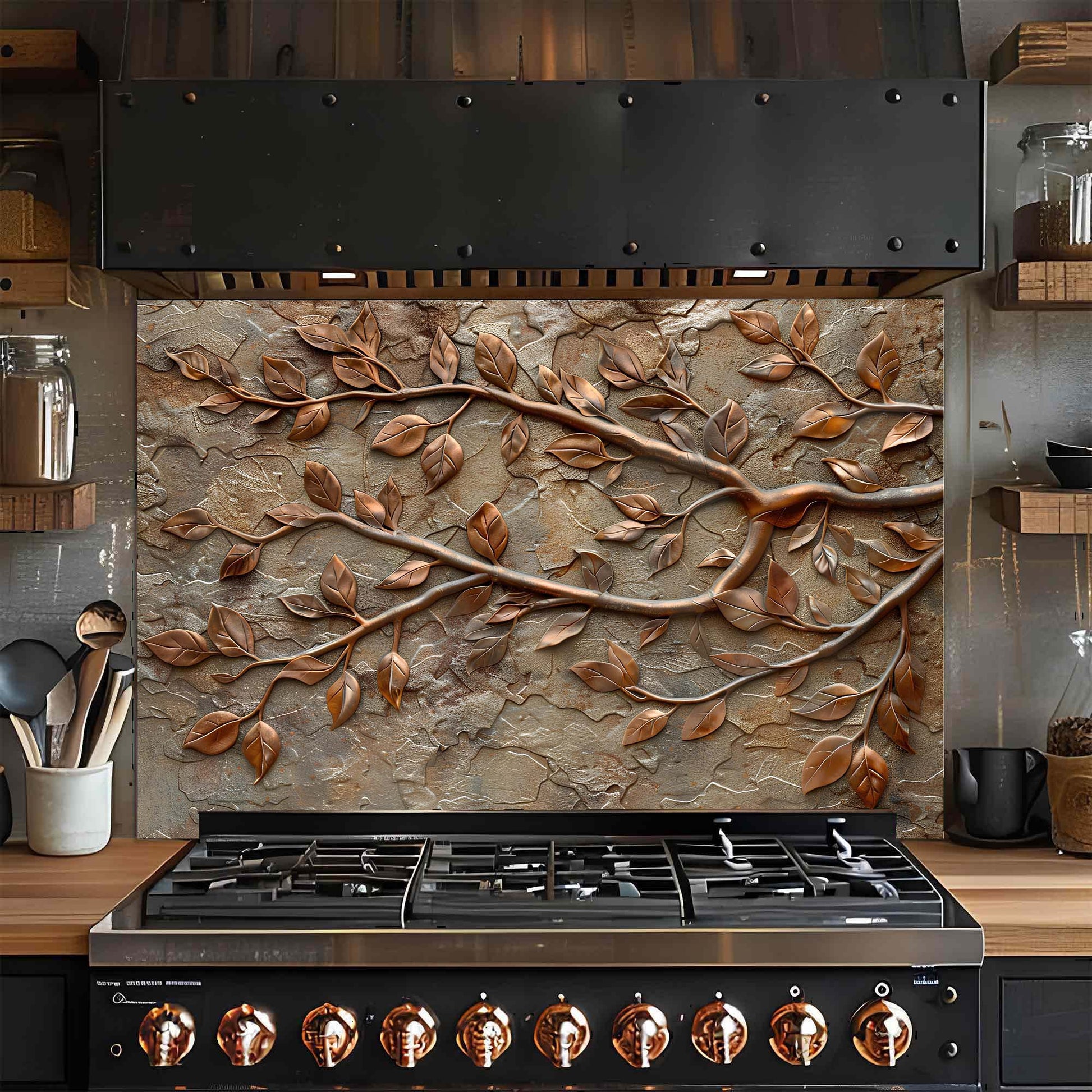 Stainless steel stove with decorative leaf-patterned glass backsplash in a kitchen setting