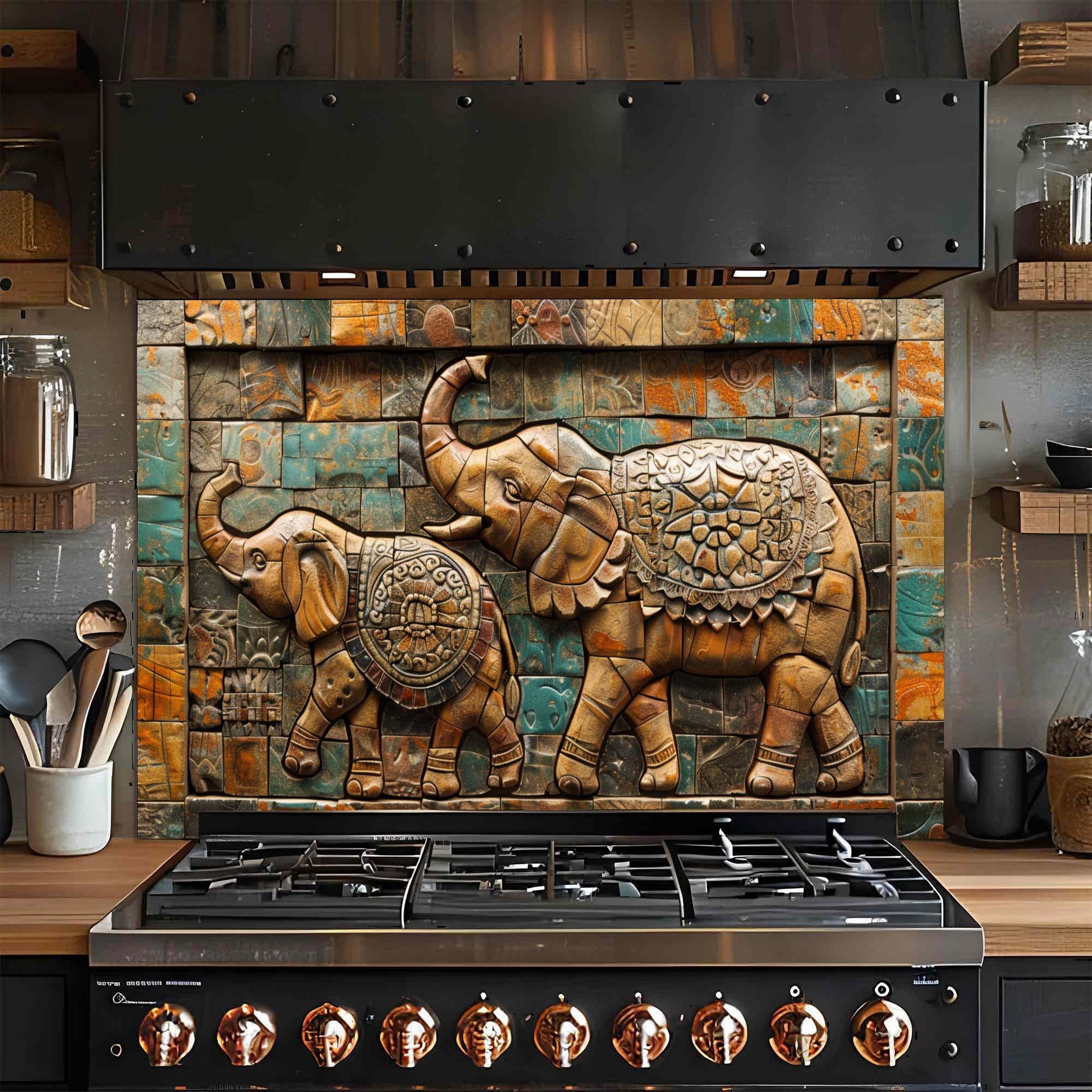 Decorative backsplash with elephant design above a stove in a kitchen.