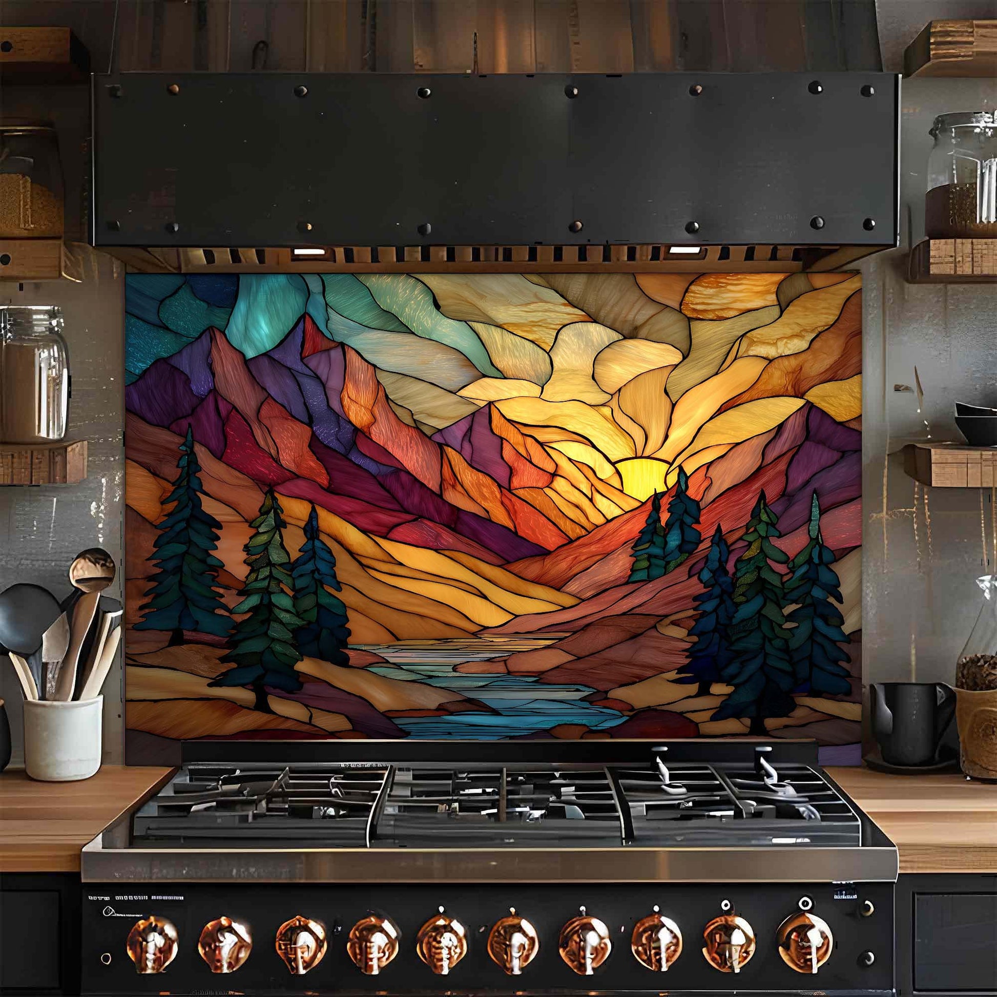 Stainless steel stove with a colorful mountain scene backsplash in a kitchen setting.