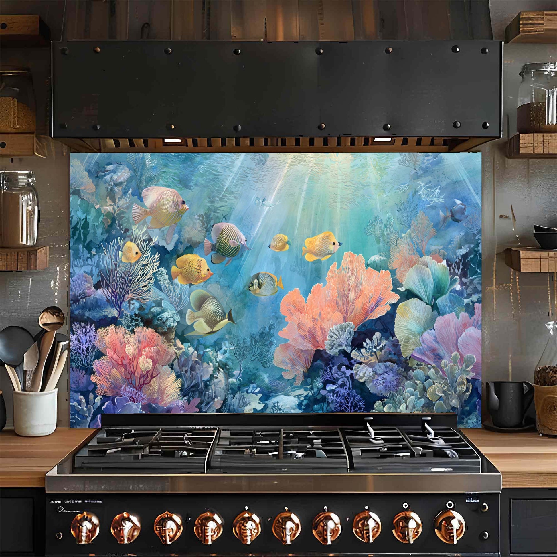 Stainless steel gas stove with an underwater-themed glass backsplash in a kitchen setting