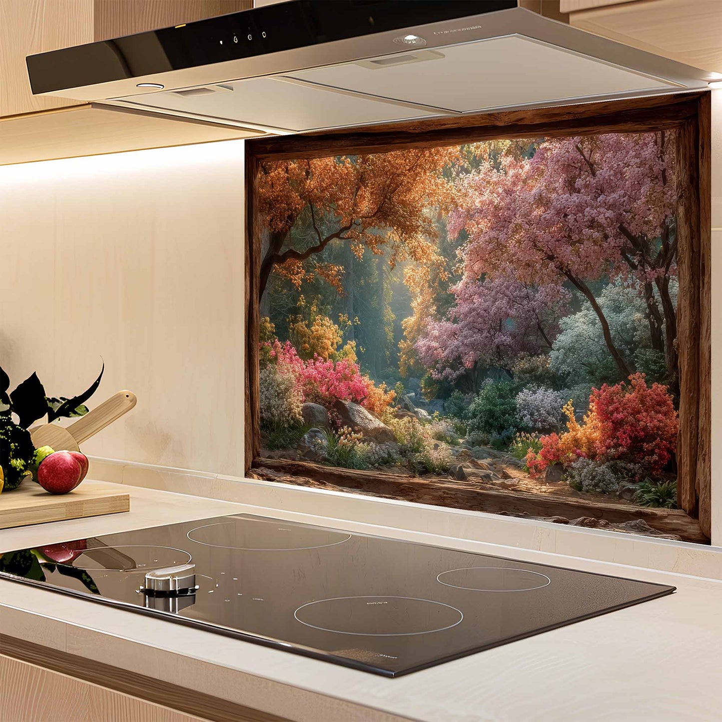 Kitchen with a decorative glass backsplash featuring a colorful forest scene.