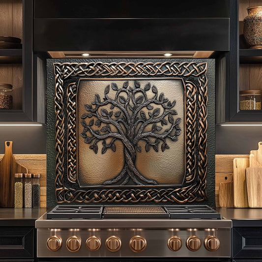 Decorative glass backsplash with tree design above a stove in a kitchen setting
