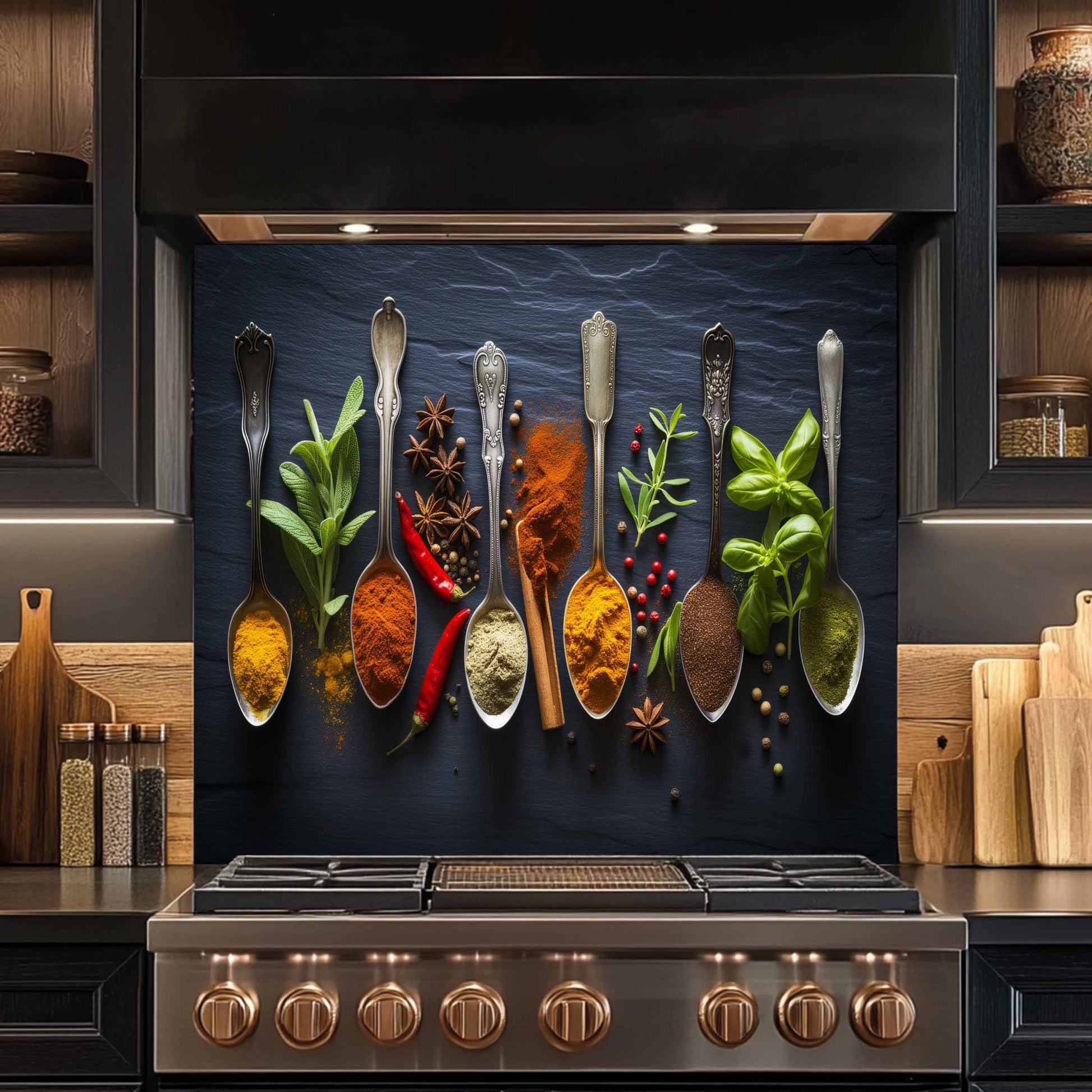 Stainless steel stove with decorative backsplash featuring spoons filled with spices and herbs in a kitchen setting.