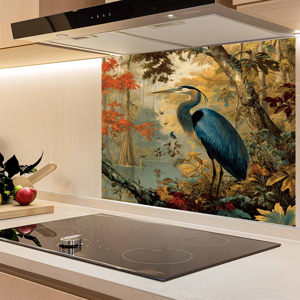 Kitchen with a decorative glass splashback featuring a blue heron in a natural setting.