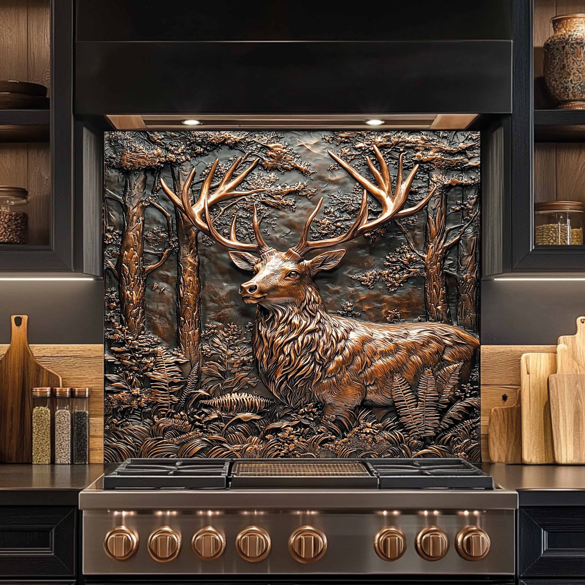 Stainless steel stove with decorative glass backsplash panel featuring a deer in a forest design.