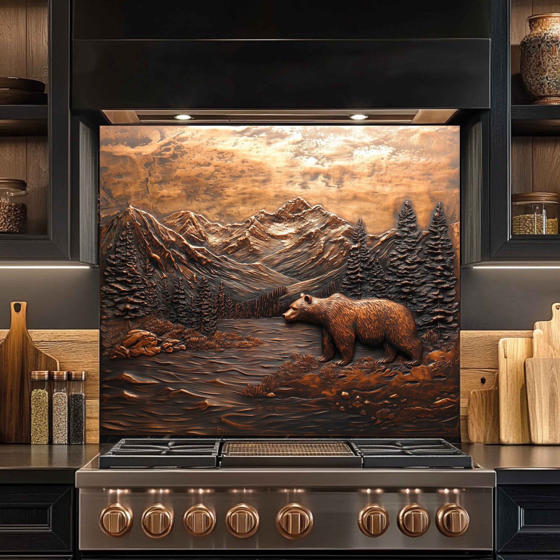 Stainless steel stove with decorative mountain and bear design on the back splash