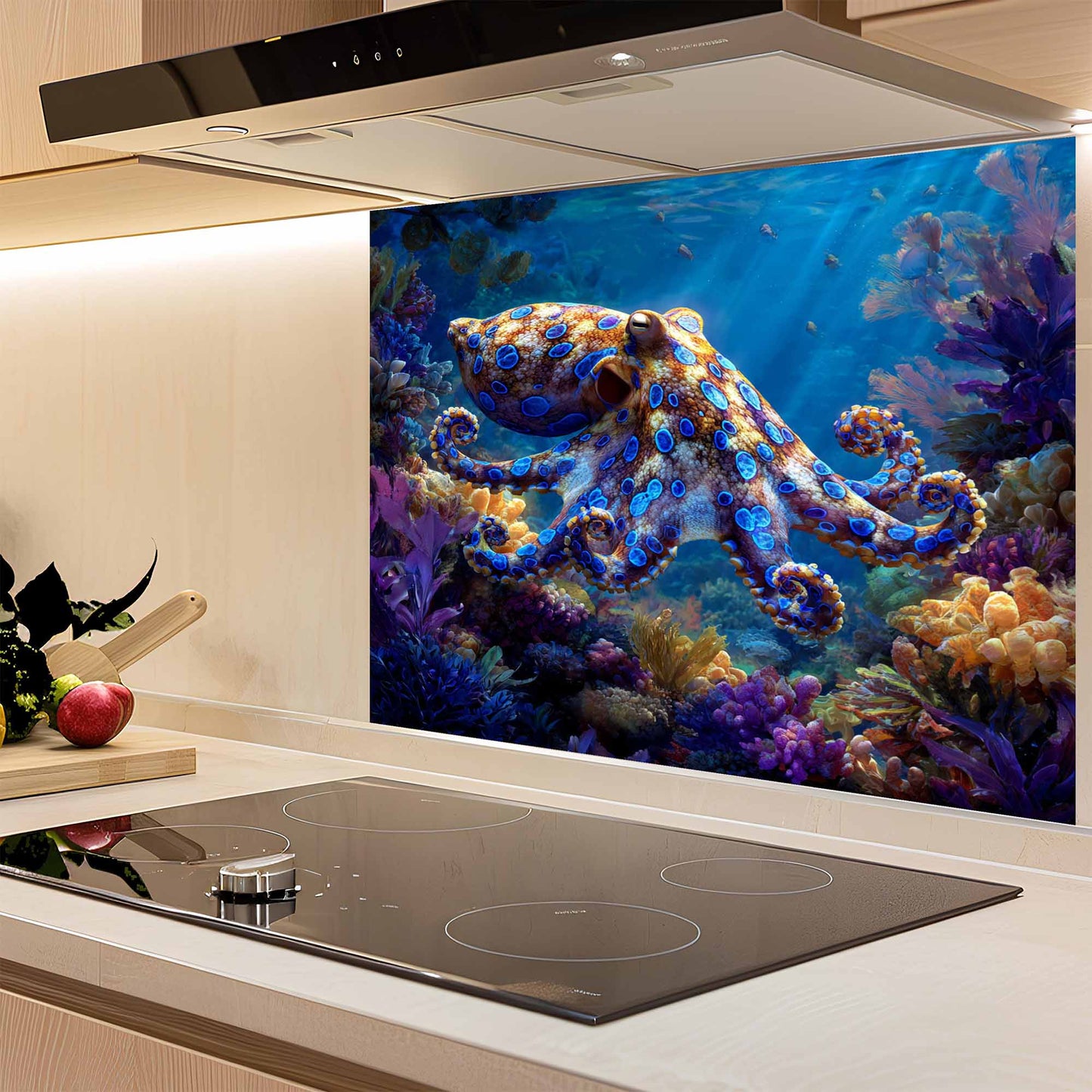 Kitchen with a colorful octopus and coral reef design on a glass splashback.