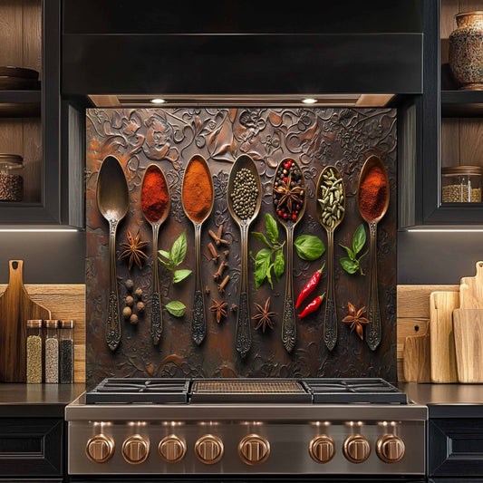Decorative backsplash with spoons containing spices and herbs in a kitchen setting