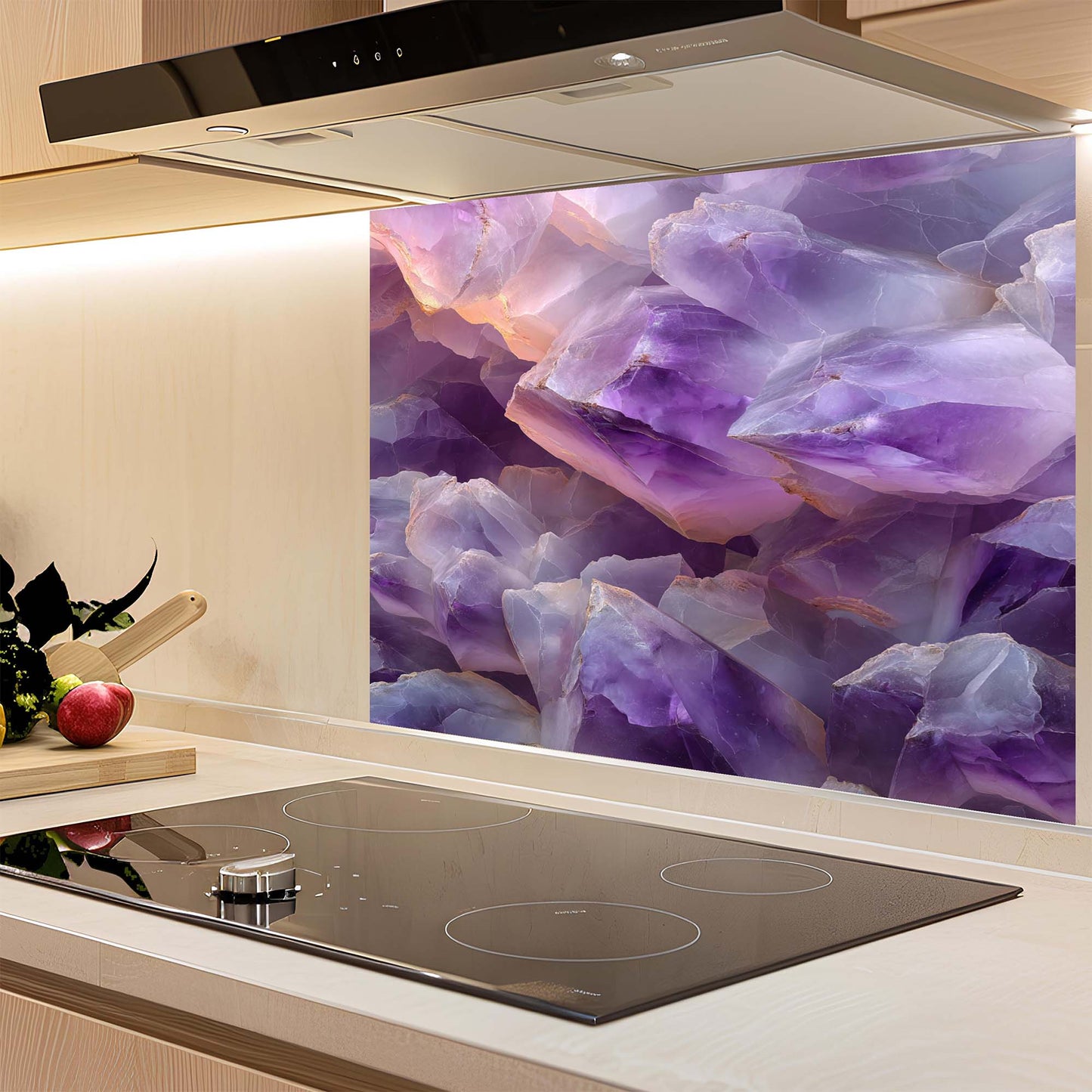 Kitchen with a colorful glass backsplash featuring purple and pink crystals.