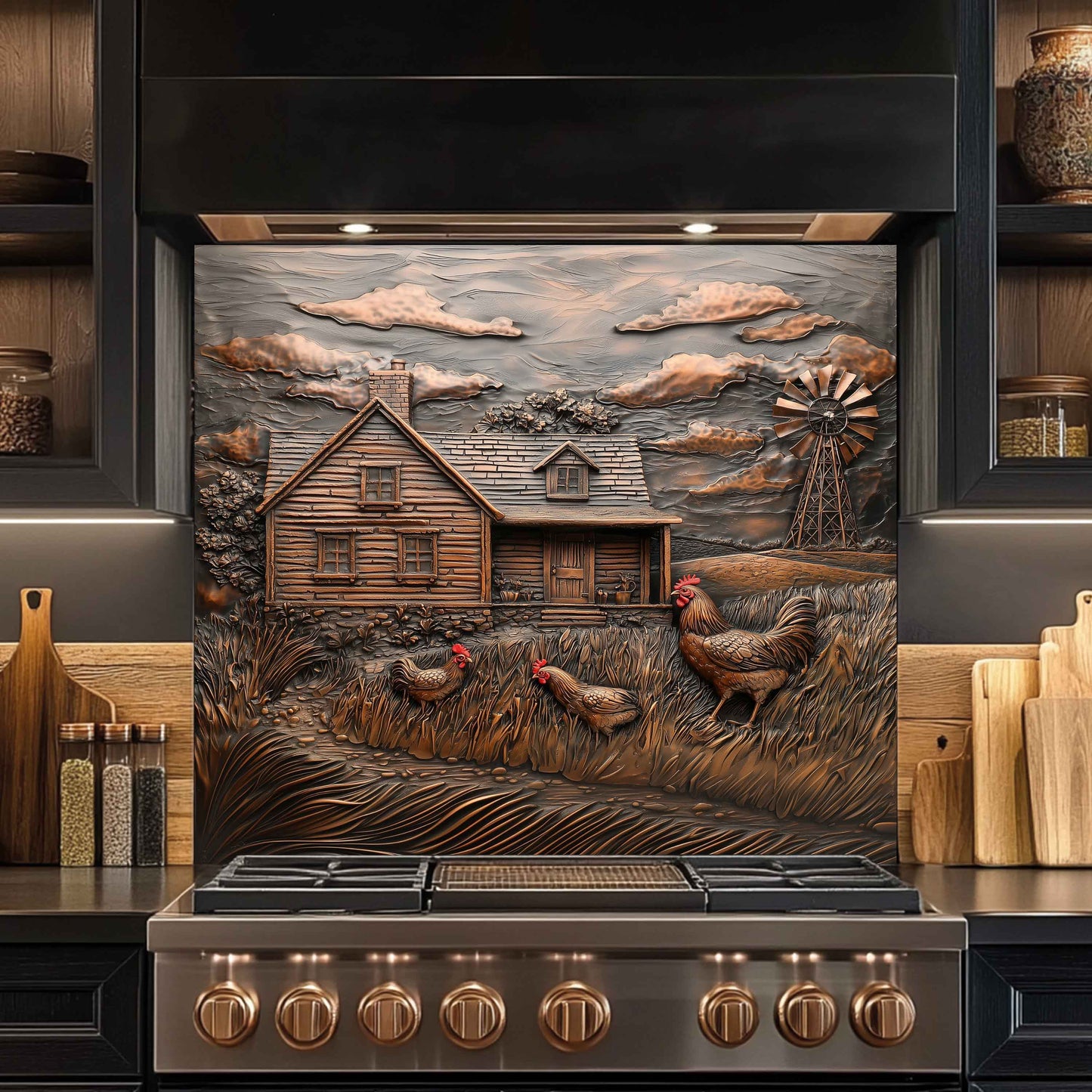 Decorative backsplash with a farm scene featuring a house, windmill, and chickens in a kitchen setting.