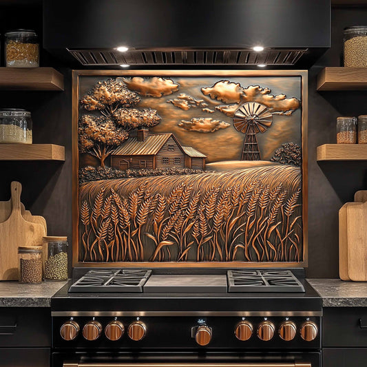 Decorative backsplash with a rustic scene above a stove in a kitchen.