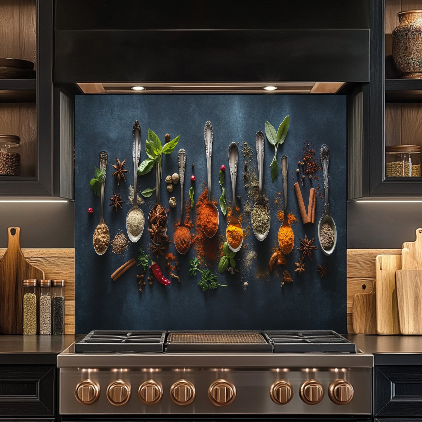 Stainless steel stove with decorative wall featuring spoons and spices in a kitchen setting