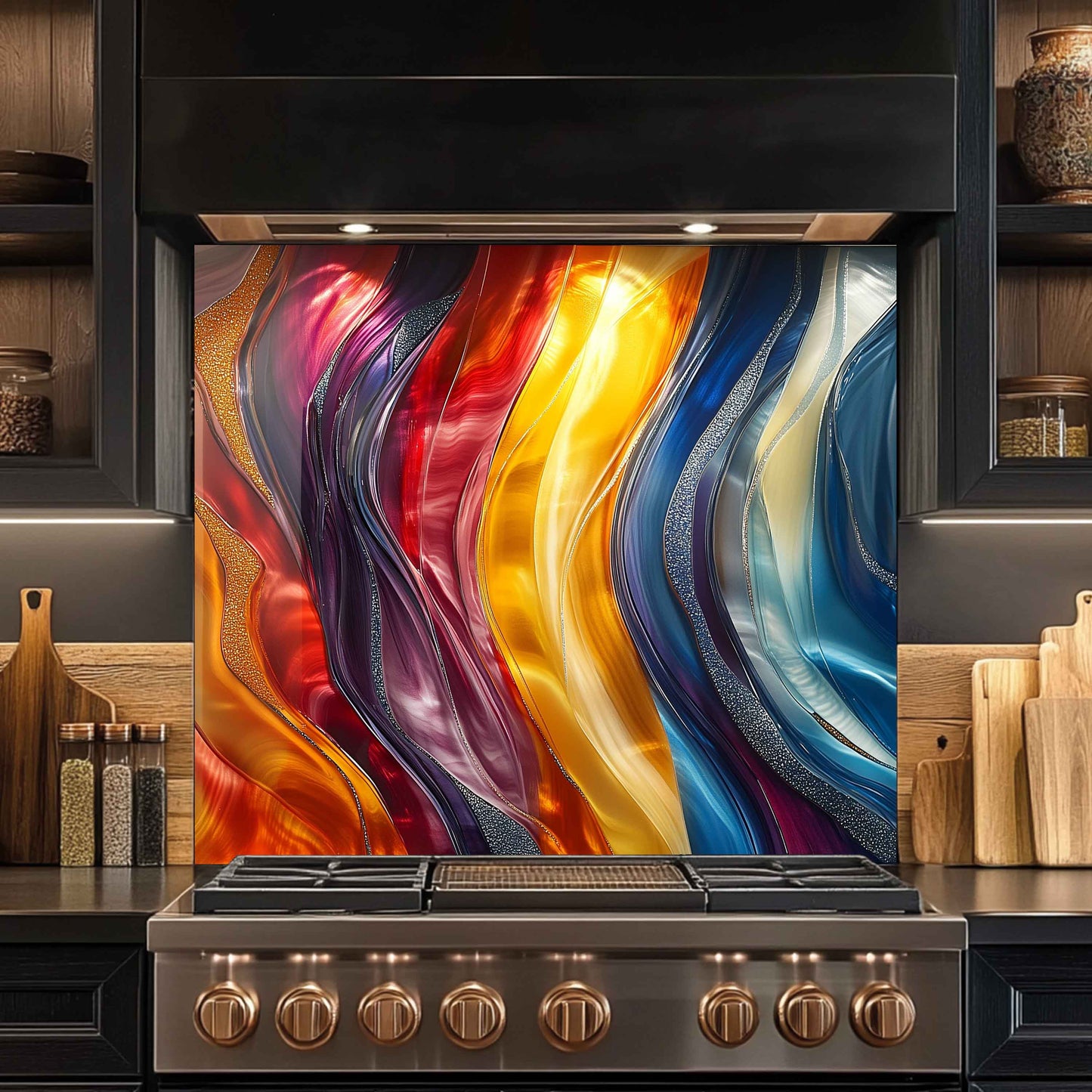 Colorful abstract glass splashback behind a kitchen stove with wooden shelves in the background.
