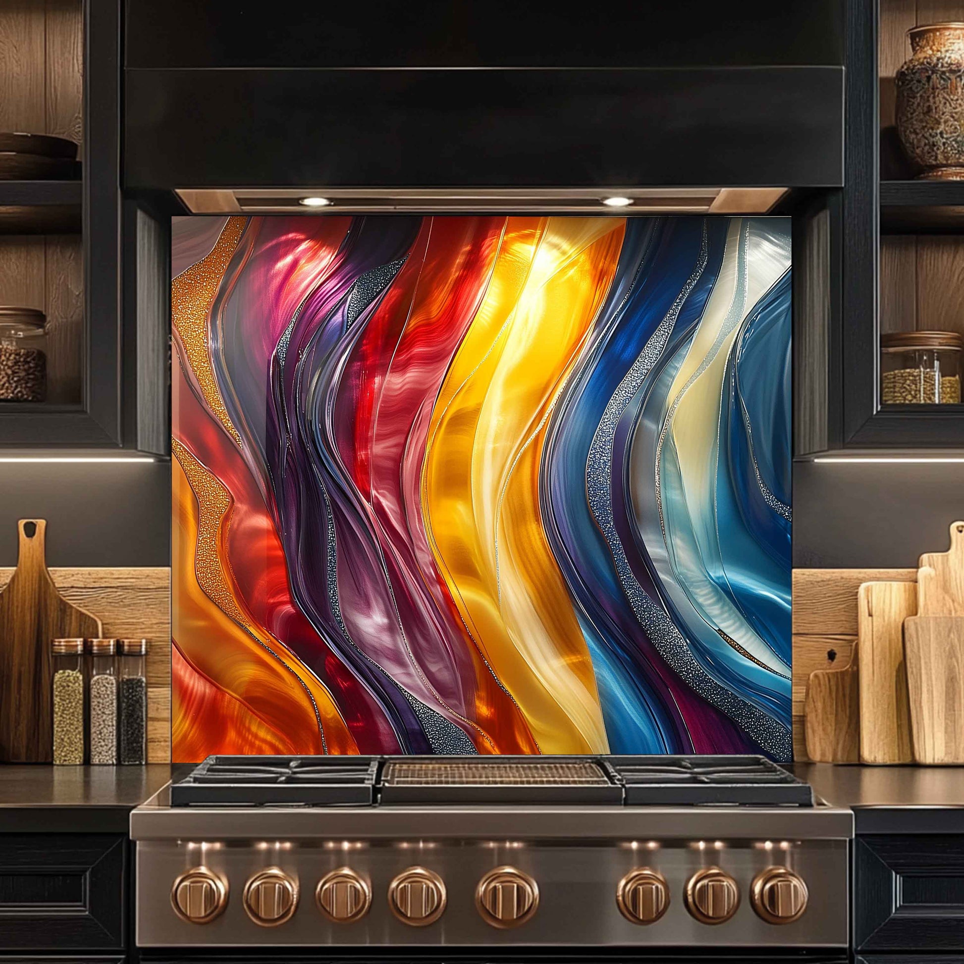 Colorful abstract glass splashback behind a kitchen stove with wooden shelves in the background.