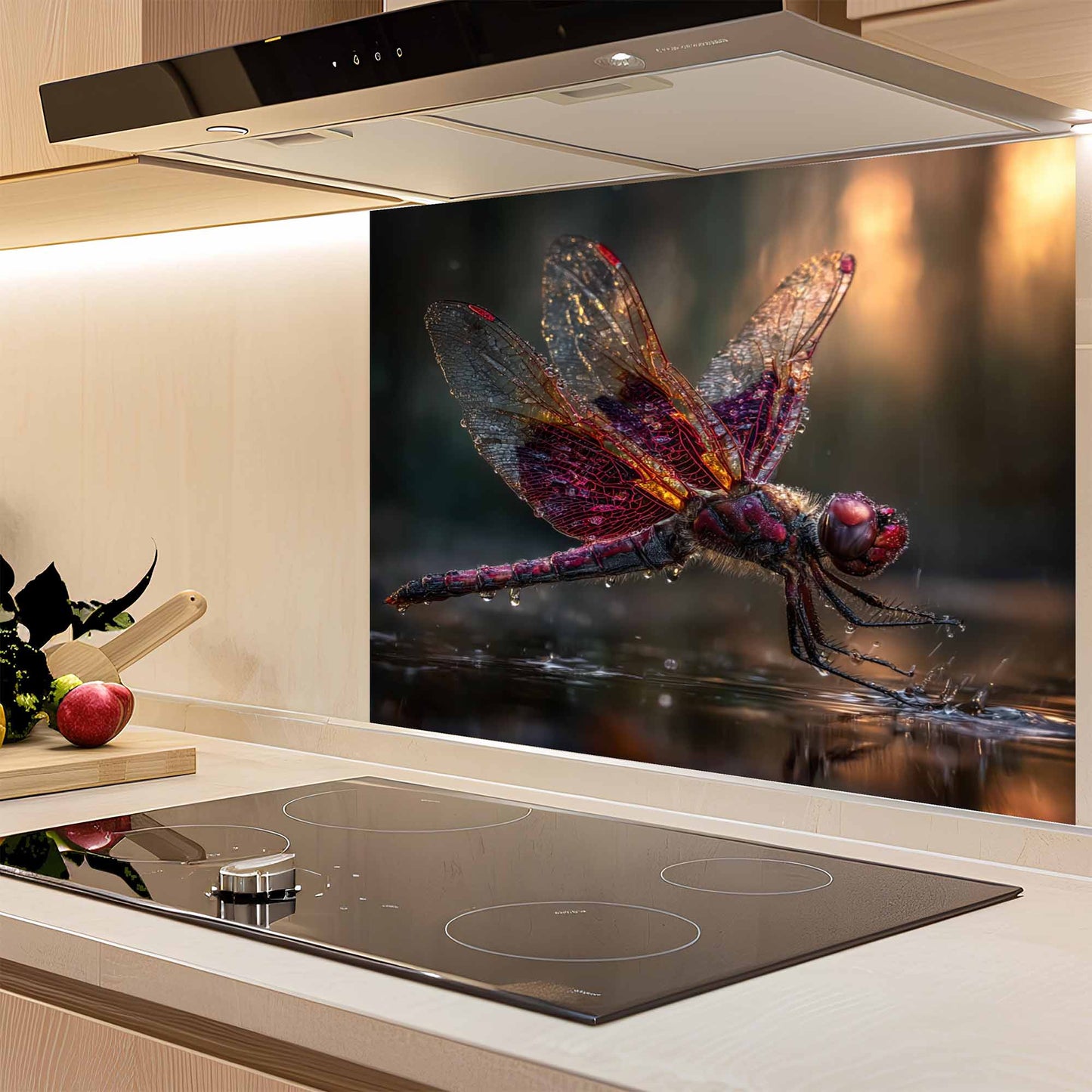 Kitchen with a decorative glass splashback featuring a dragonfly design.