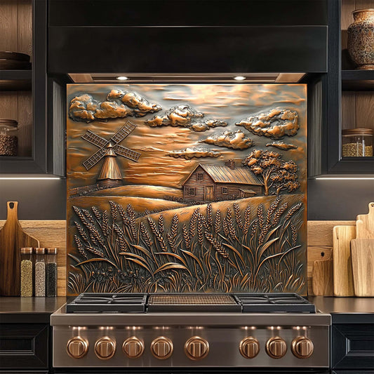 Rustic tempered glass backsplash with farmhouse, windmill, and wheat field in copper tones