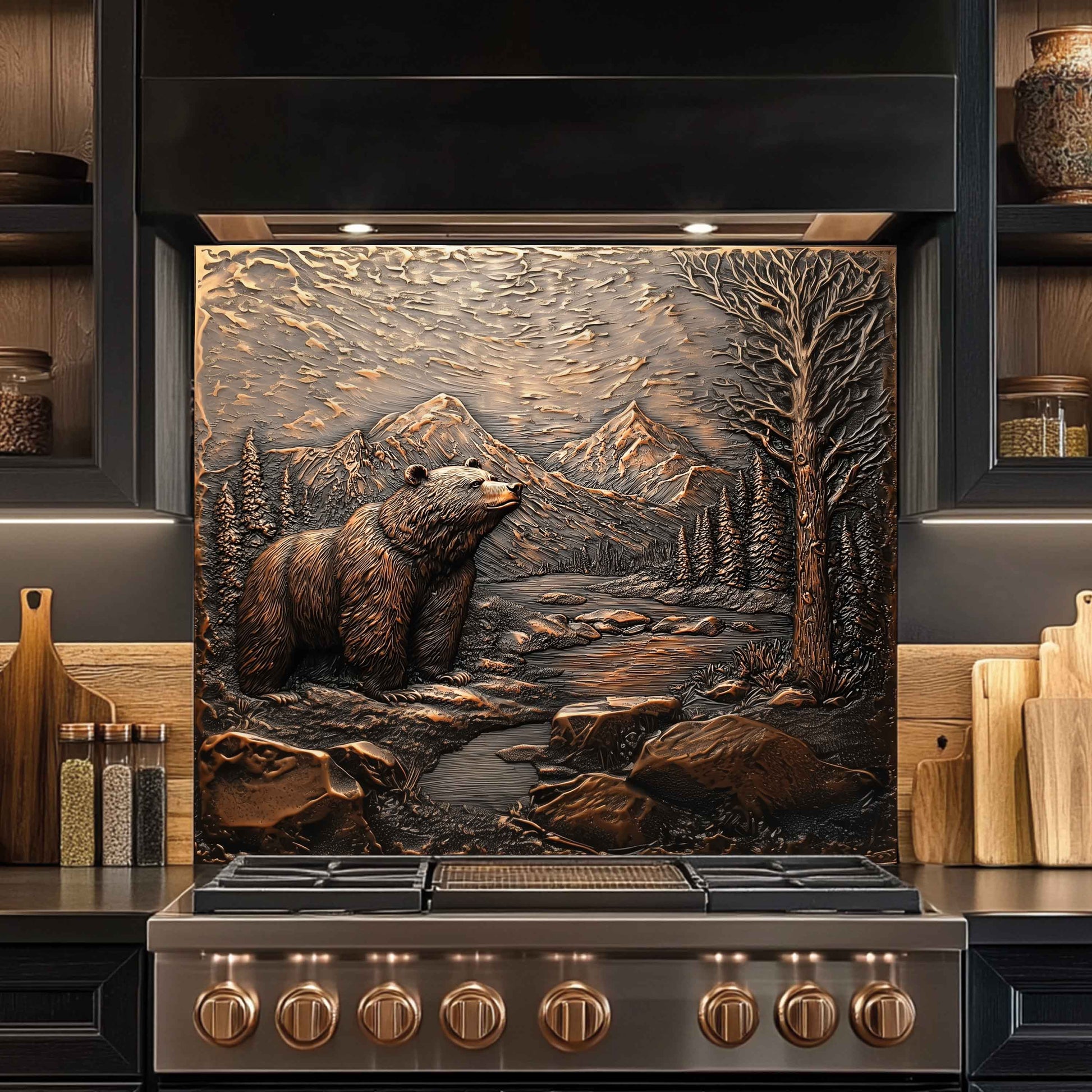 Stainless steel stove with decorative tempered glass backsplash mountain scene featuring a bear on the front