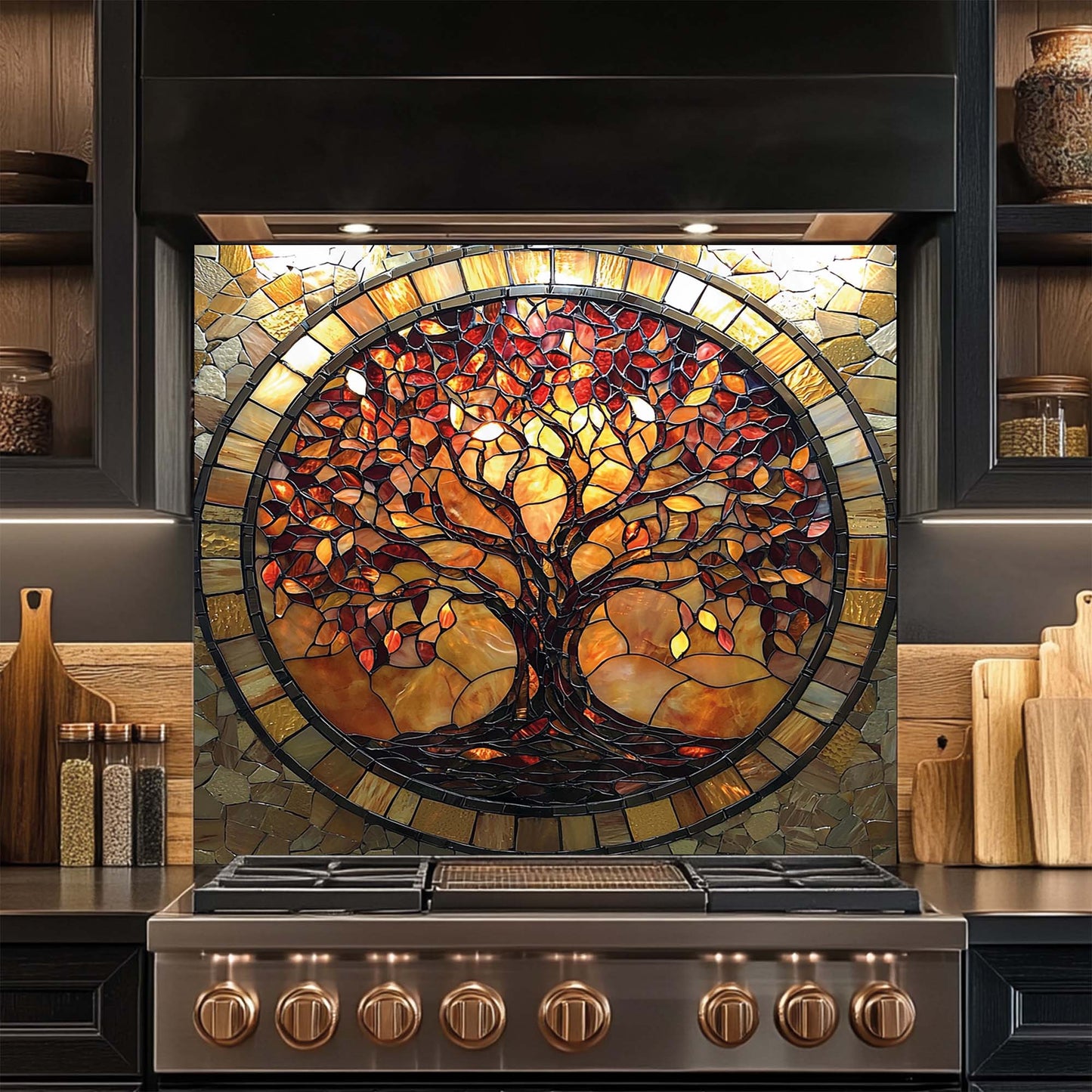 Stained glass tree of life design on a kitchen backsplash above a stove.