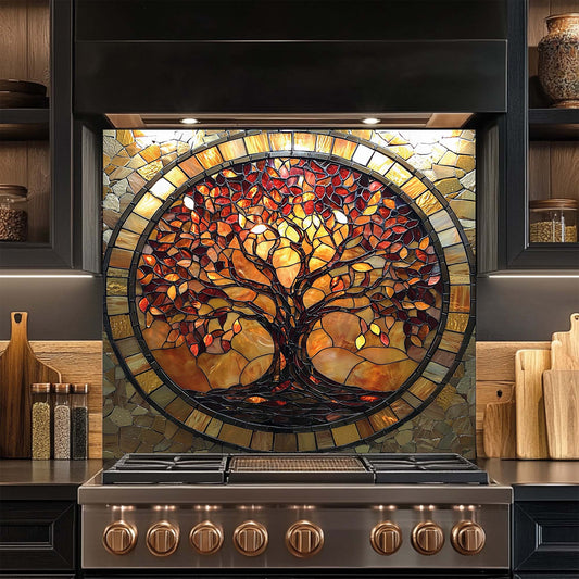 Stained glass tree of life design on a kitchen backsplash above a stove.
