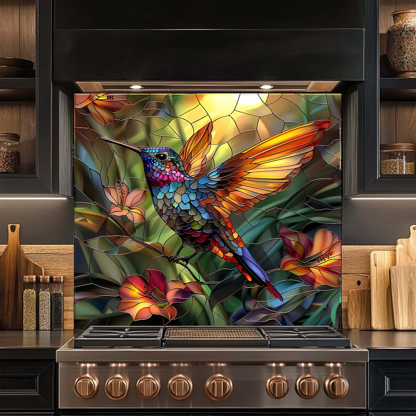 Decorative glass backsplash with a colorful hummingbird design in a kitchen setting