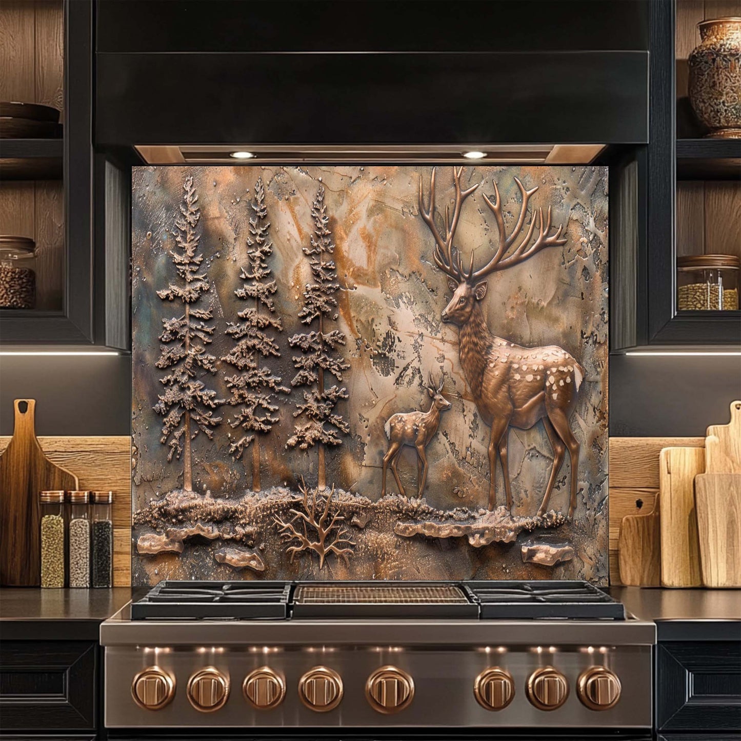 Stainless steel stove with decorative glass backsplash featuring a deer and forest scene in a kitchen setting.