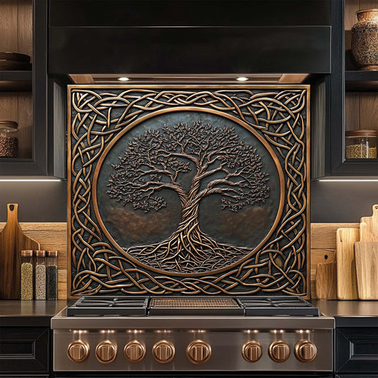 Decorative glass backsplash with tree design in a kitchen setting