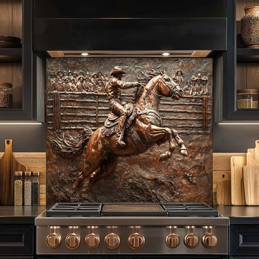 Stainless steel stove with decorative backsplash of a cowboy on a horse in a rodeo arena.