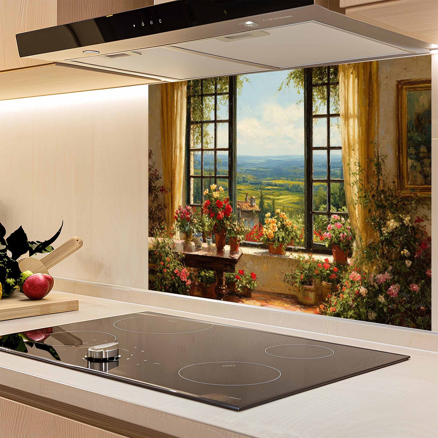 Modern kitchen with a decorative glass backsplash featuring a scenic view of flowers and a window.