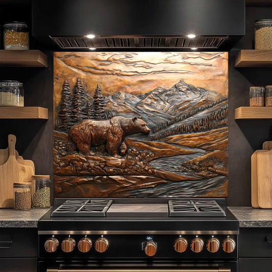 Tempered glass backsplash with copper look bear design