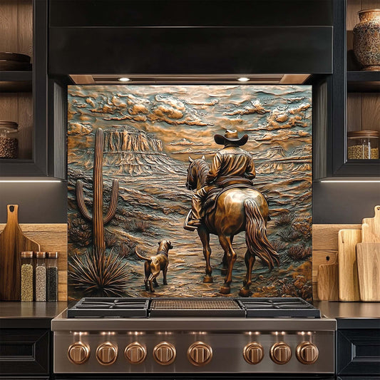 Decorative glass backsplash with a cowboy and horse on a stove in a kitchen setting