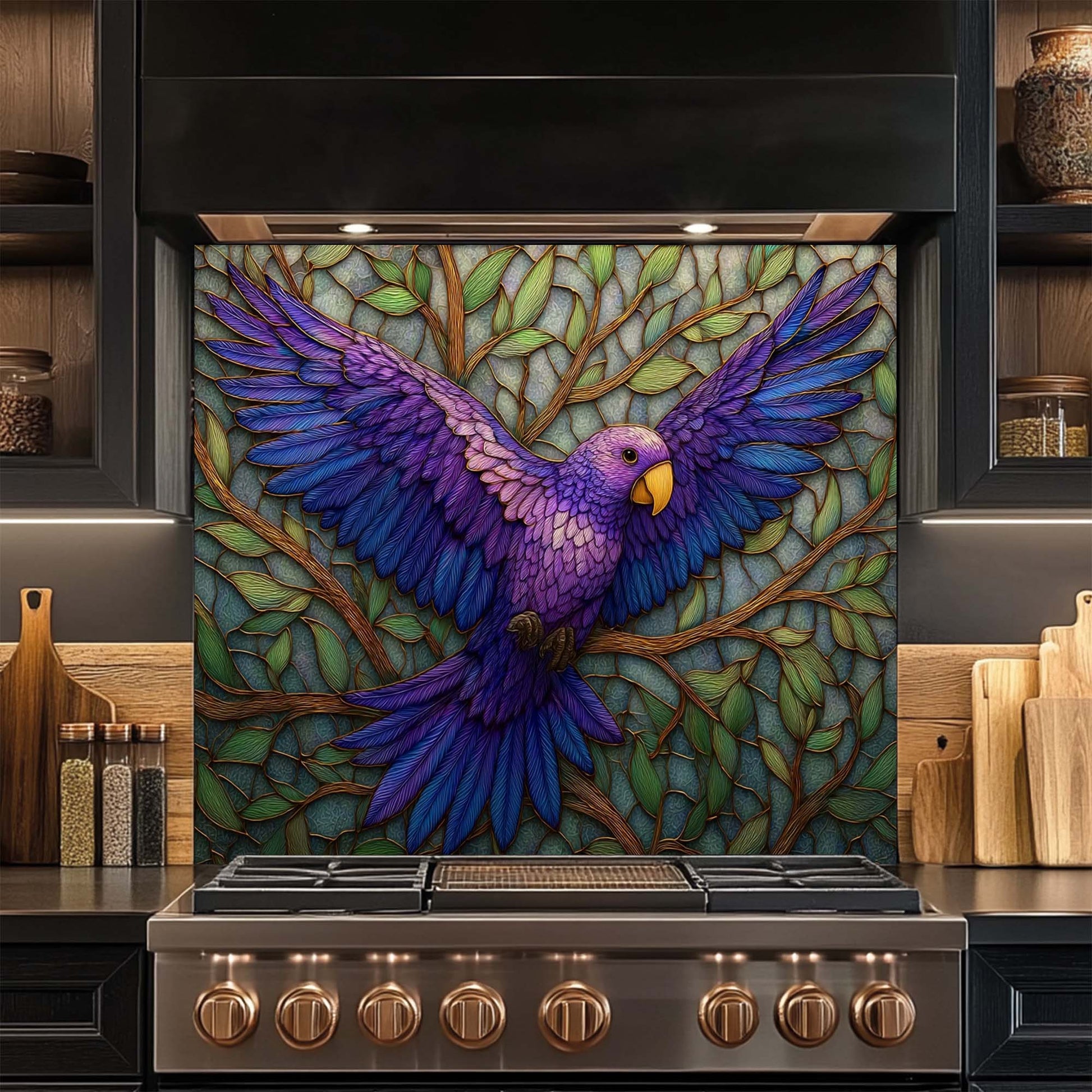 Decorative glass backsplash with a colorful parrot design in a kitchen setting
