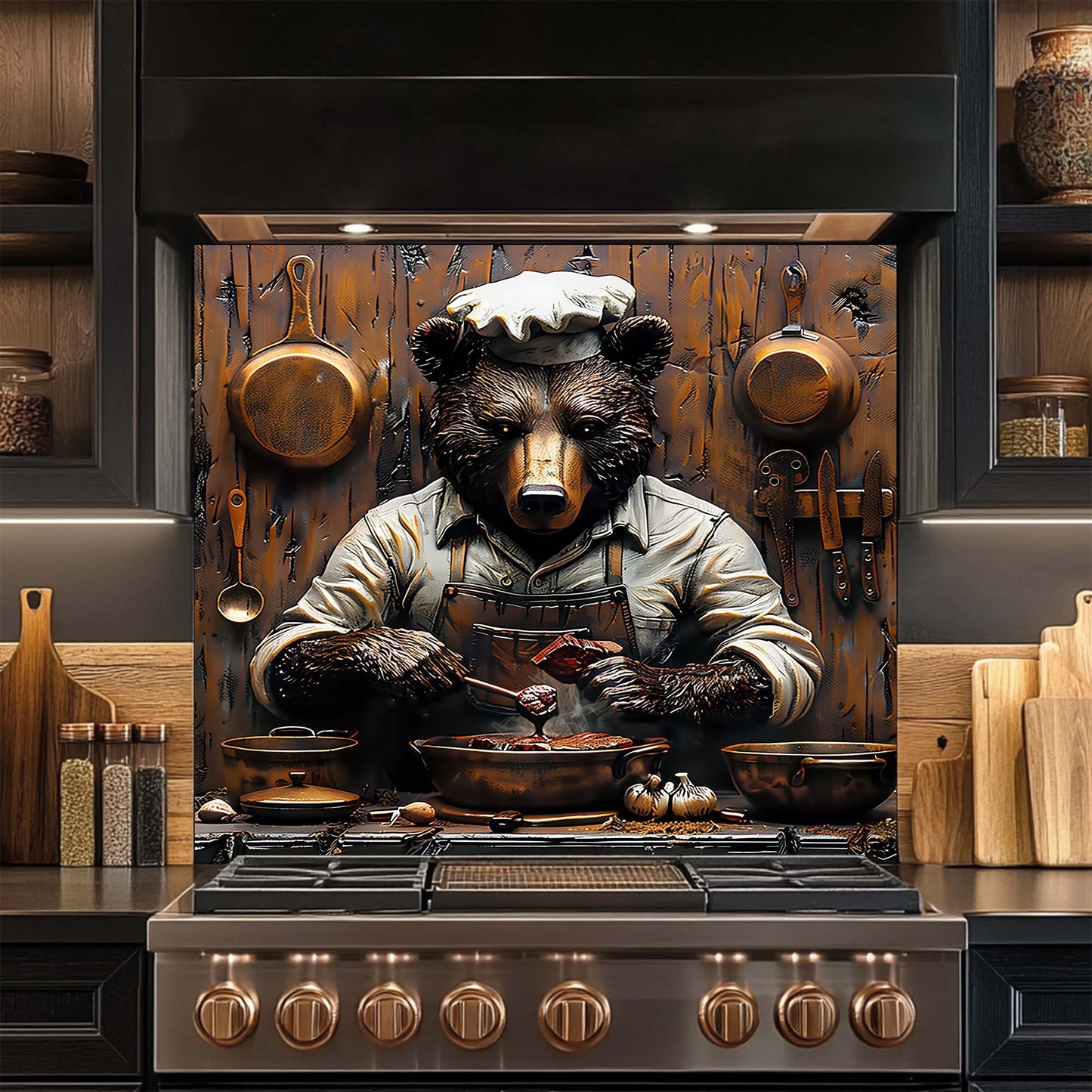 Bear wearing a chef's hat and apron cooking on a stove in a kitchen design glass backsplash.