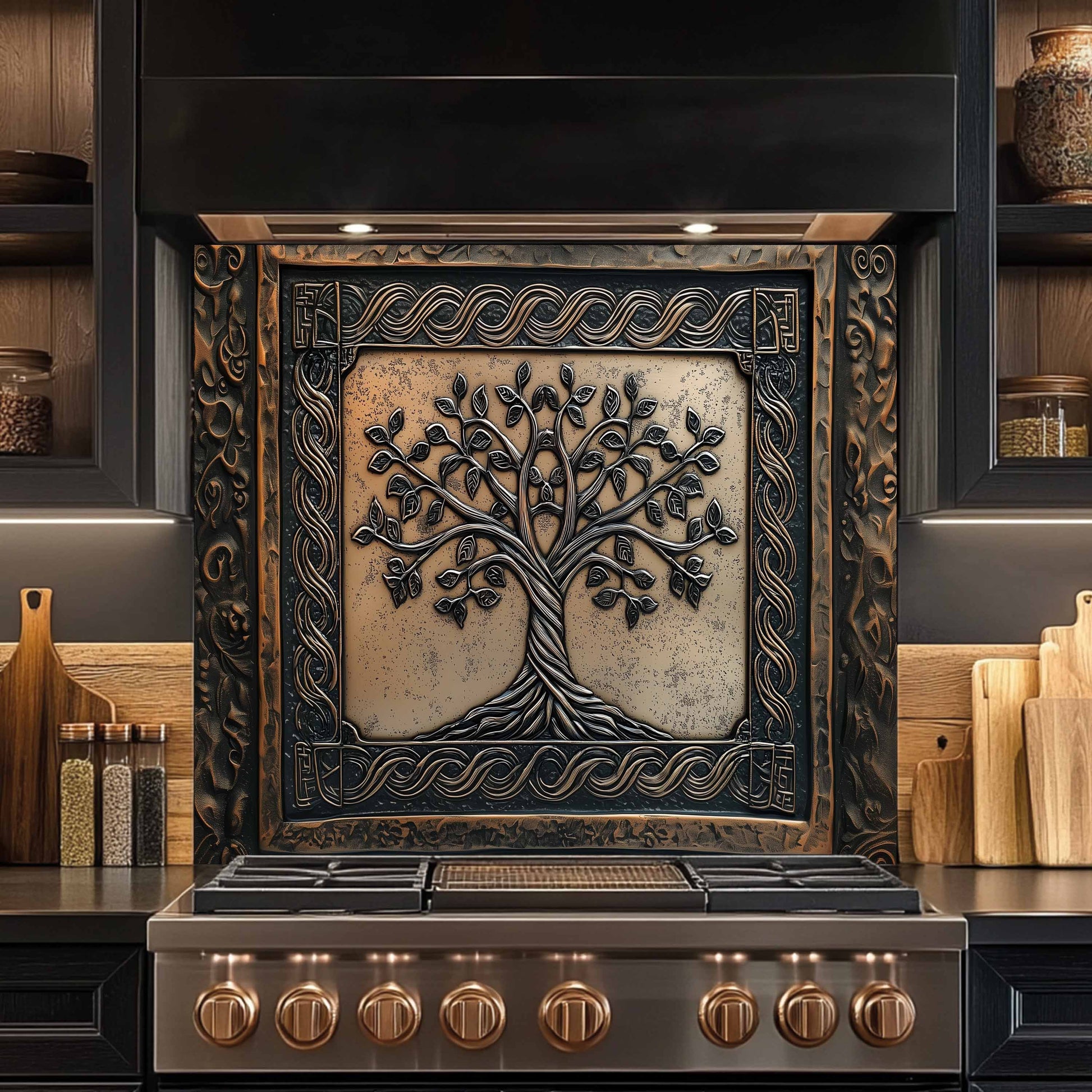 Decorative stove panel with tree design in a kitchen setting