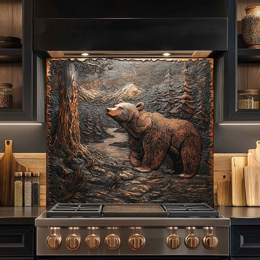 Stainless steel stove with decorative bear scene on the back splash