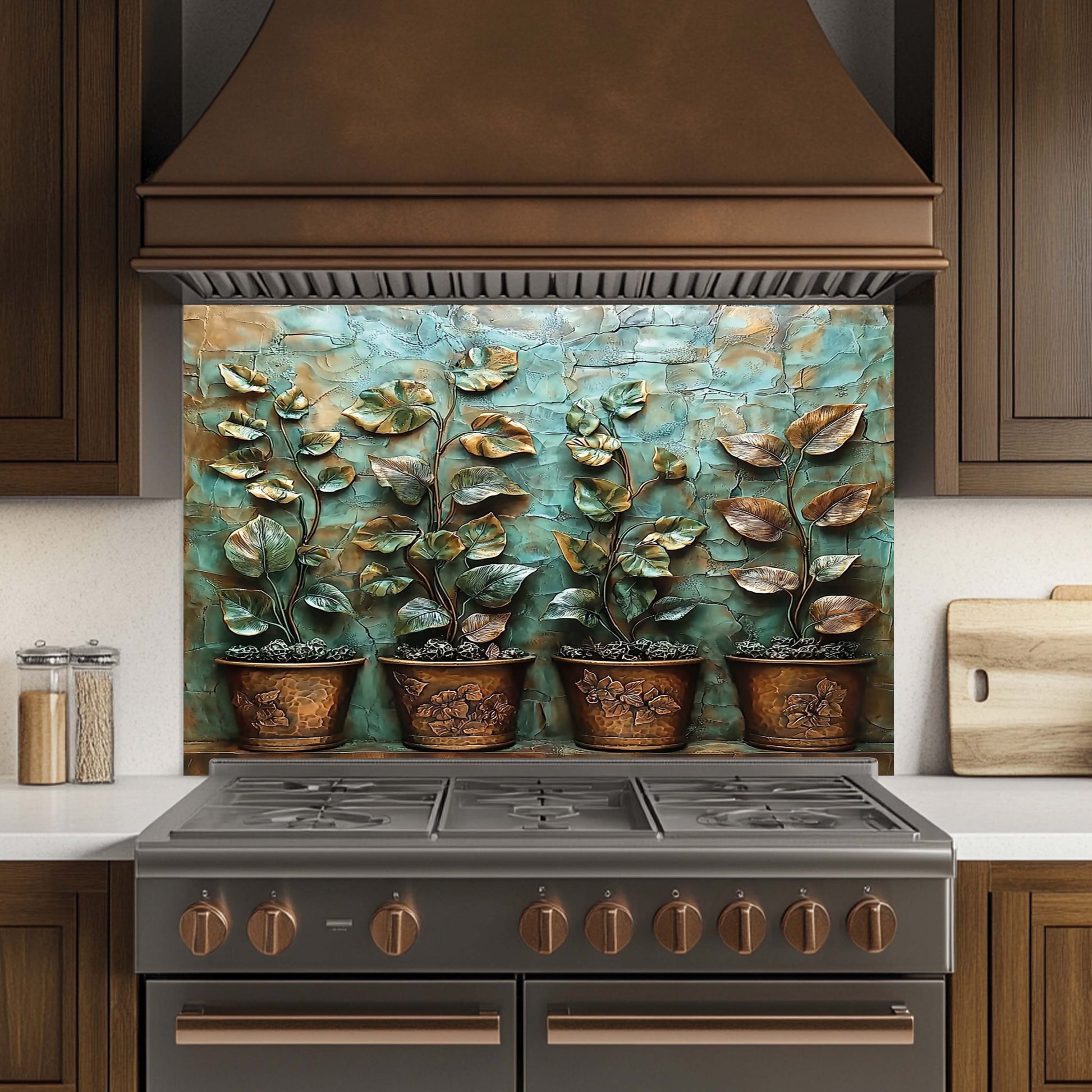 Decorative tempered glass kitchen backsplash above a stove in a kitchen