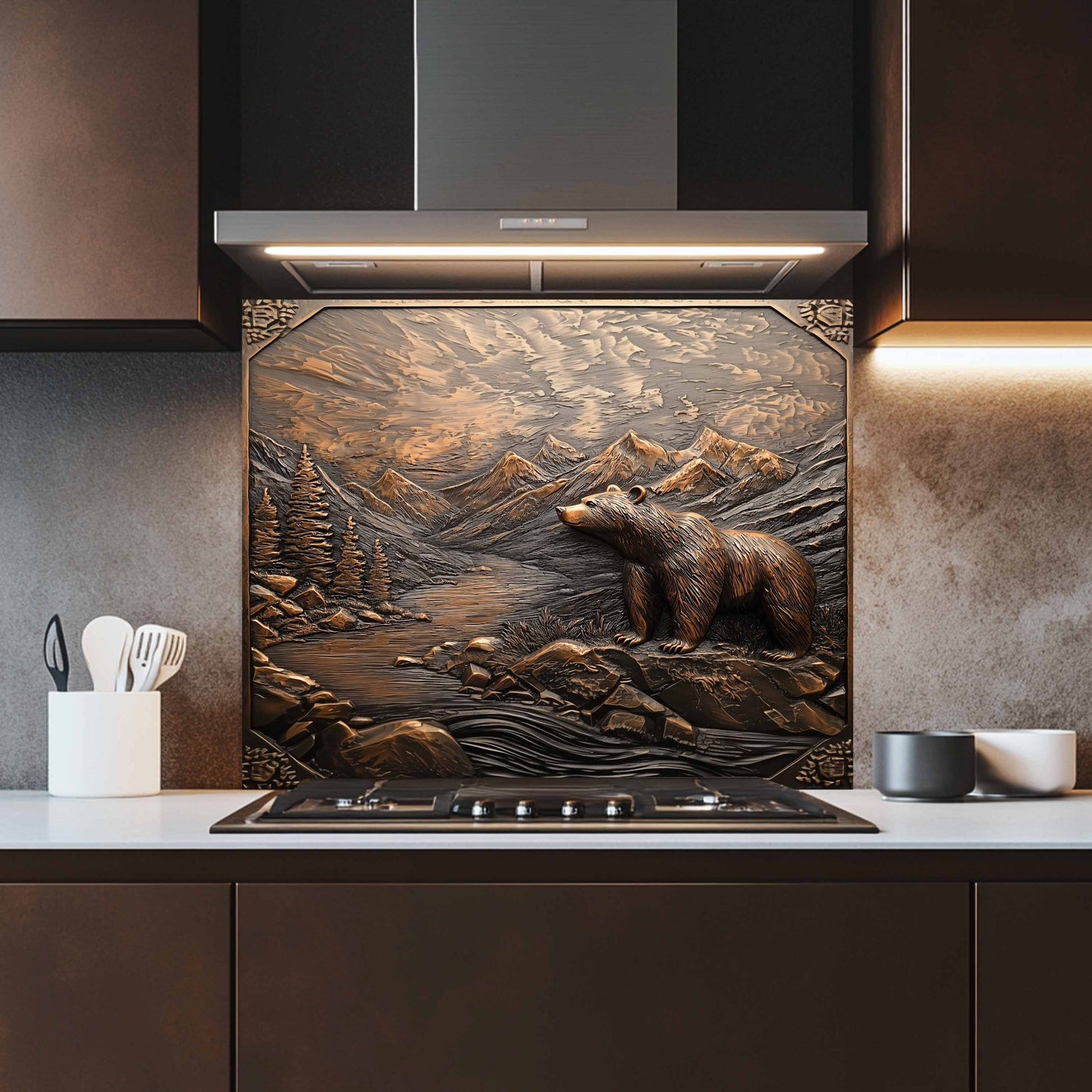 Kitchen with a decorative glass backsplash featuring a bear and mountain landscape.