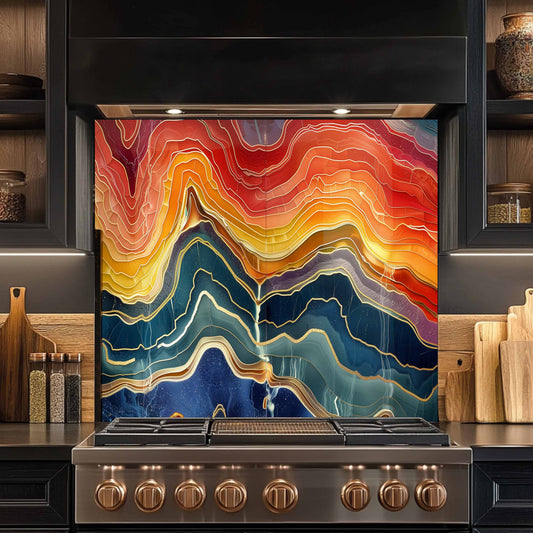 Stainless steel stove with colorful abstract design splashback in a kitchen setting