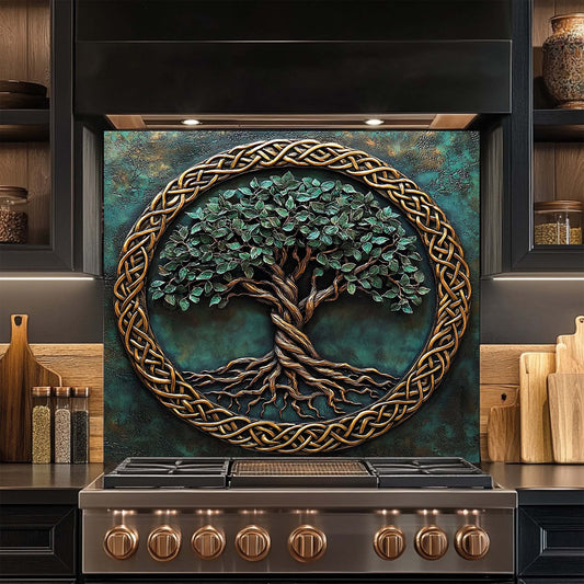 Decorative glass backsplash with a tree design above a stove in a kitchen setting