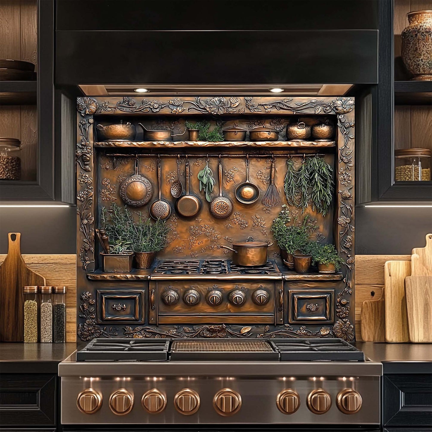 Copper look kitchen backsplash with hanging pans, herbs, and vintage stove – botanical tempered glass panel for rustic kitchens